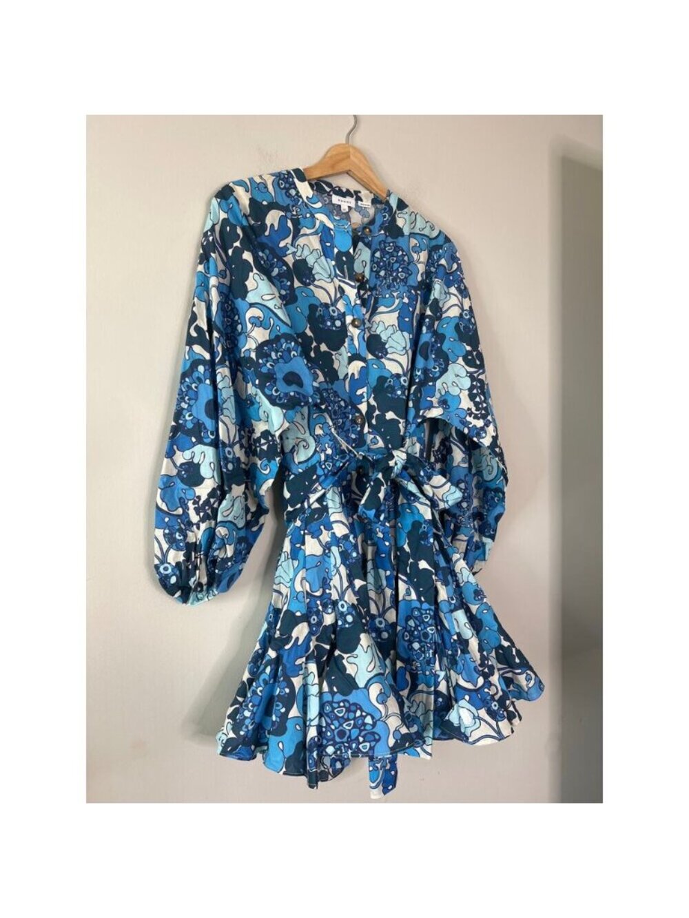 NEW Rhode Button Up Pleated Long Puff Sleeves Mini Dress Blue Size: Extra Small - Picture 3 of 7